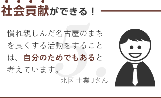 社会貢献ができる！/慣れ親しんだ名古屋のまちを良くする活動をすることは、自分のためでもあると考えています。